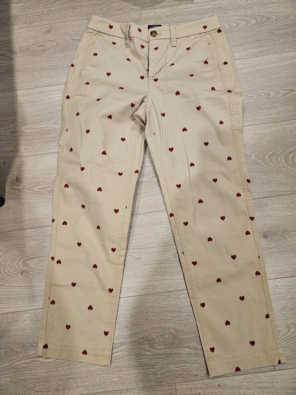 J.Crew Beige Straight-Leg Chinos with Red Heart Print
